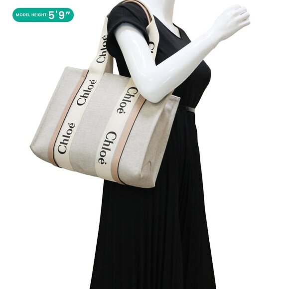 Chloe Woody Linen Canvas Tote Bag Beige - Picture 2 of 14